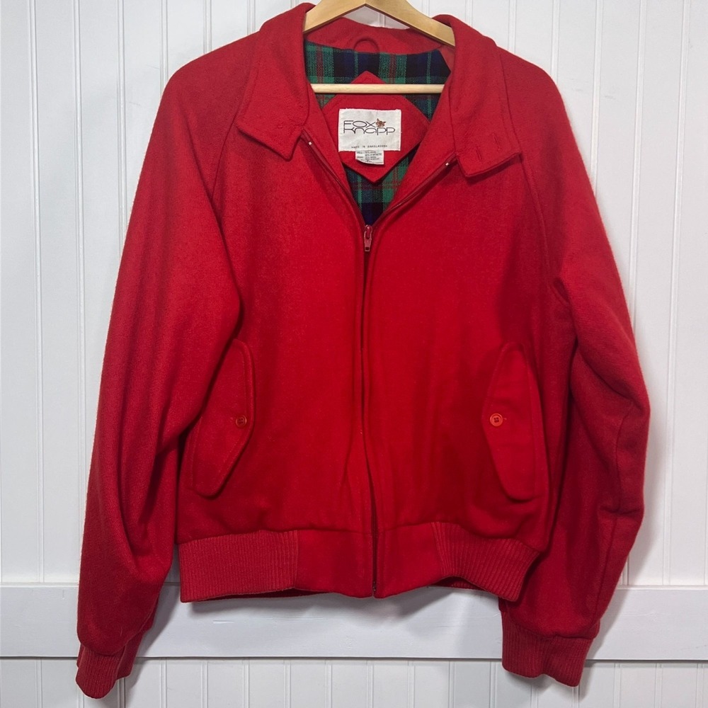 Vtg Fox Knapp Jacket Red Retro Bright Wool Bomber Plaid Lined Harrington M